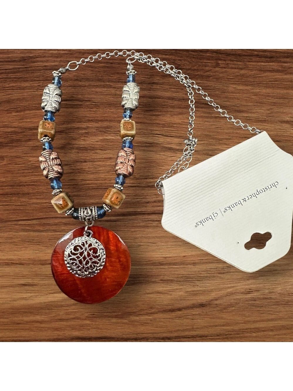 CJ Banks Pendant Beaded Necklace With Natural Stones Silver Tone Chain 1239
